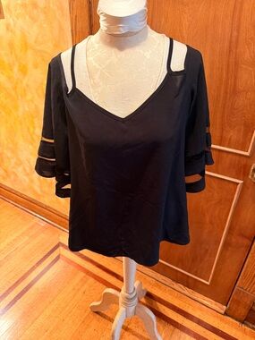 Black V-Neck Blouse with Cutout Elbow Sleeves